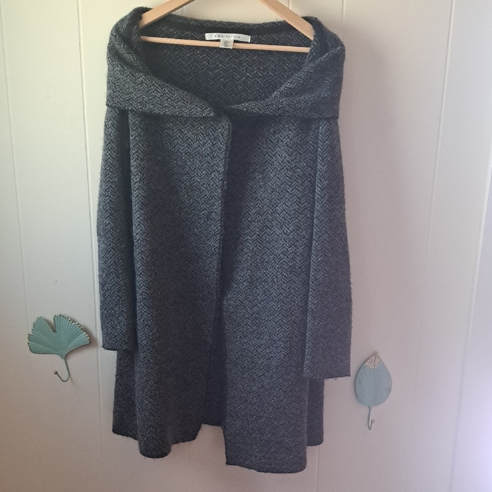 Grey Herringbone Open Front Sweater Coat